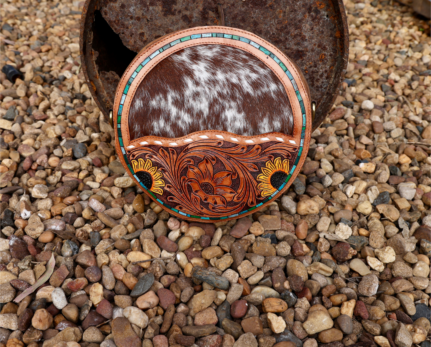 Hand-Tooled Leather & Cowhide Round Canteen Crossbody Bag – Sunflower & Turquoise Inlay