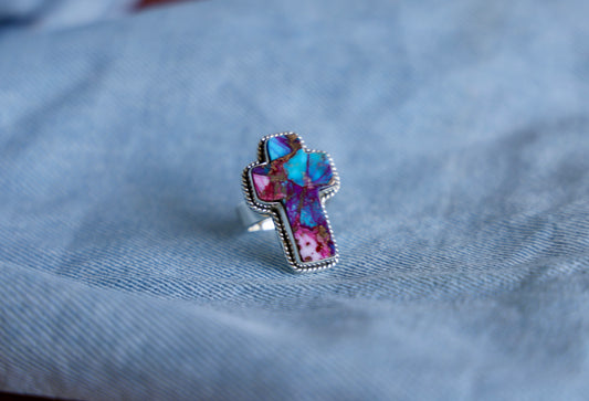 Sterling Silver Cross Ring – Turquoise, Spiny Oyster & Purple Jasper