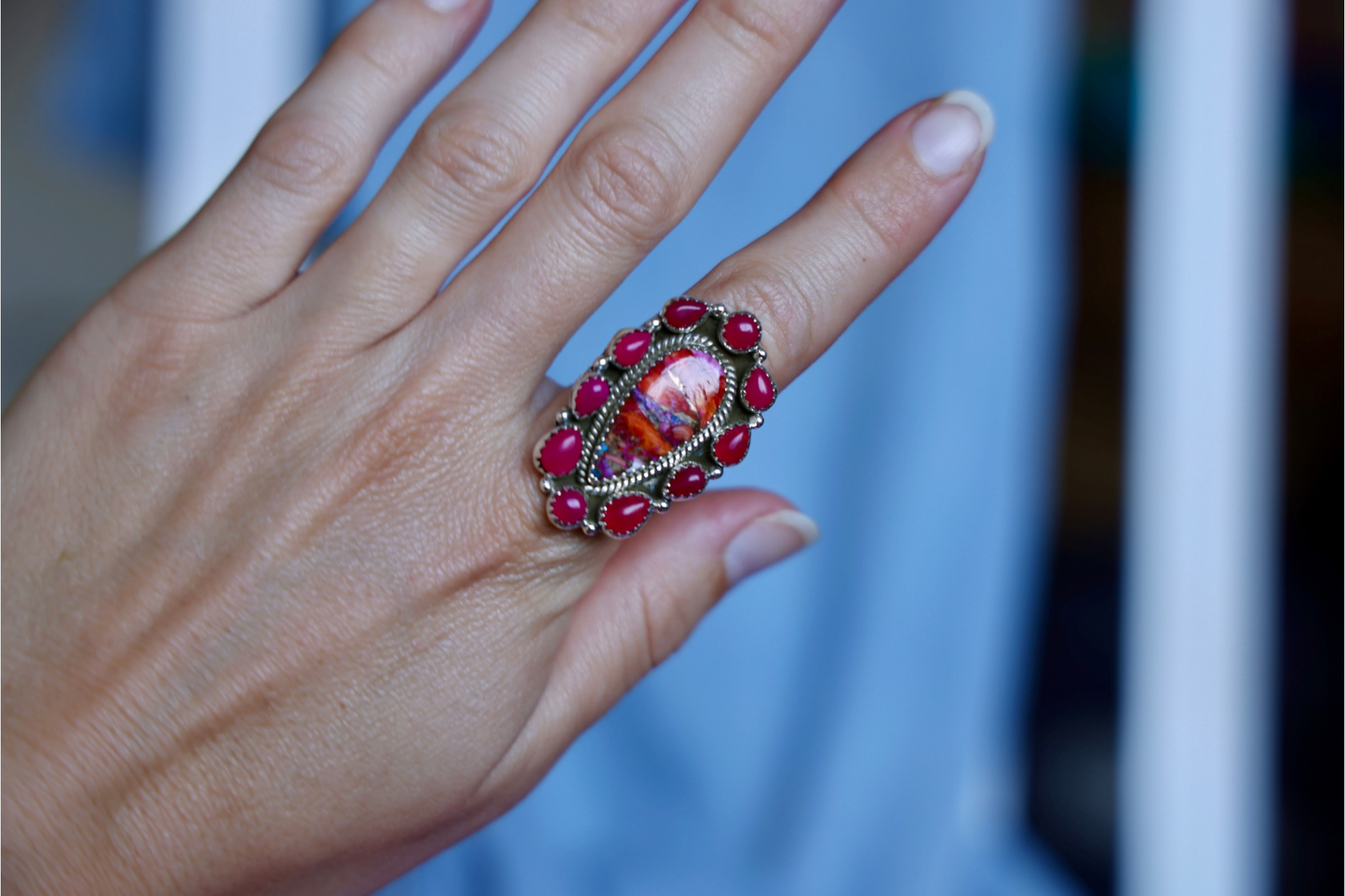Sterling Silver Fire Inlay Statement Ring – Spiny Oyster, Turquoise & Pink Accent Stones