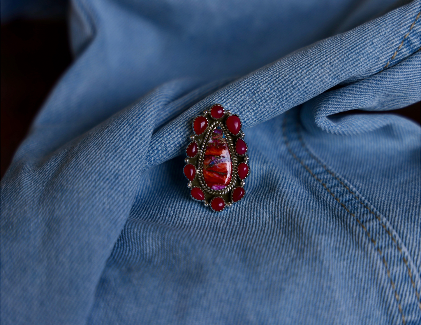 Sterling Silver Fire Inlay Statement Ring – Spiny Oyster, Turquoise & Pink Accent Stones