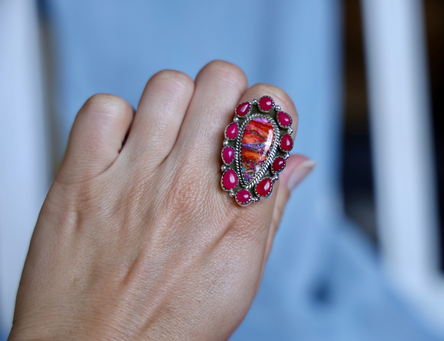 Sterling Silver Fire Inlay Statement Ring – Spiny Oyster, Turquoise & Pink Accent Stones