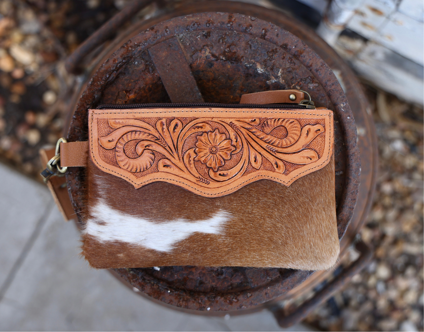 Hand-Tooled Leather & Cowhide Wristlet