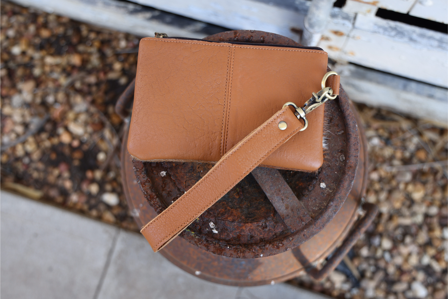 Hand-Tooled Leather & Cowhide Wristlet