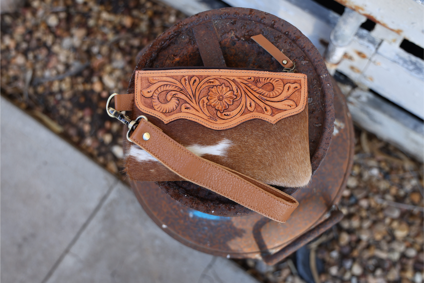 Hand-Tooled Leather & Cowhide Wristlet