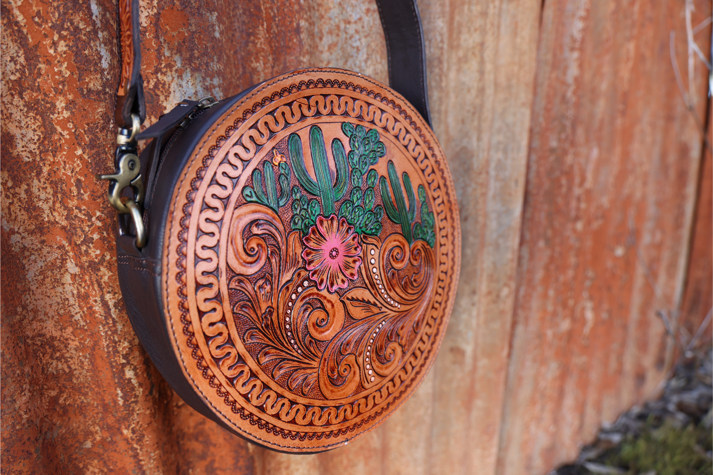 Hand-Tooled Leather Round Canteen Bag – Desert Bloom Edition