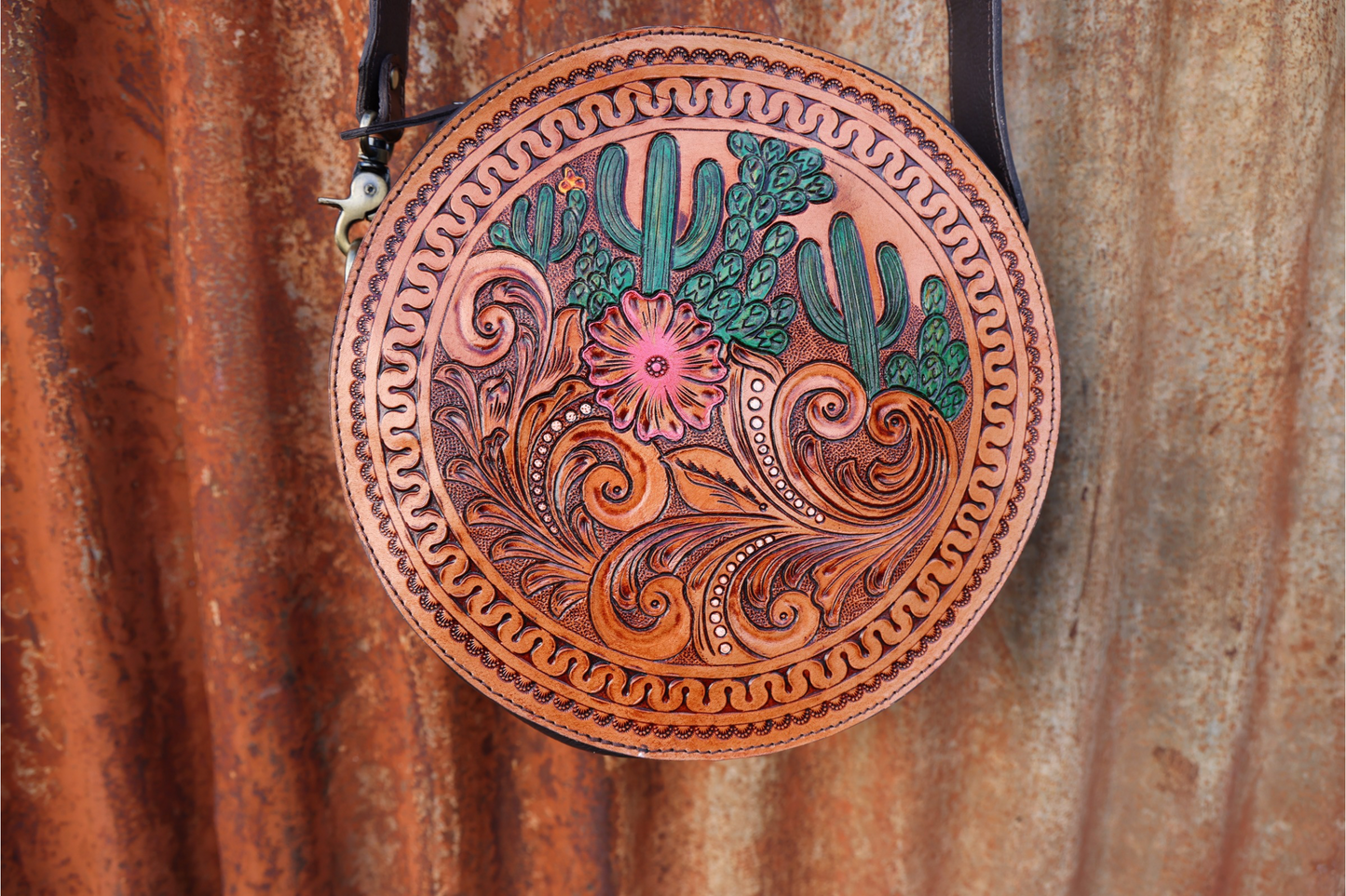 Hand-Tooled Leather Round Canteen Bag – Desert Bloom Edition