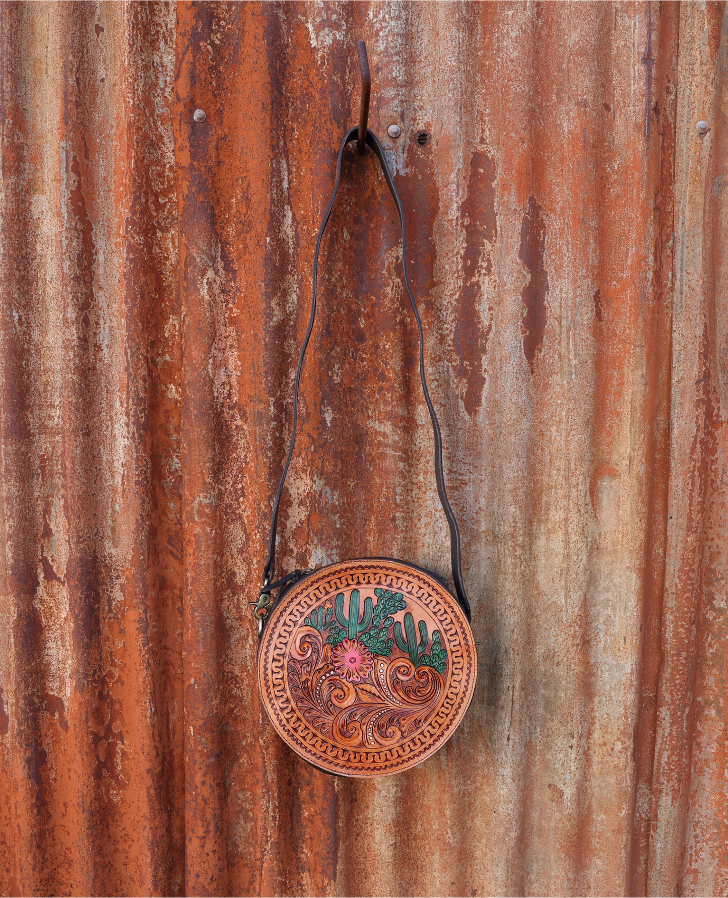 Hand-Tooled Leather Round Canteen Bag – Desert Bloom Edition