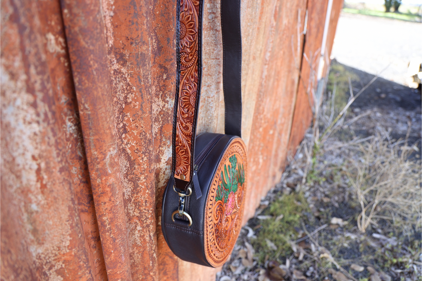 Hand-Tooled Leather Round Canteen Bag – Desert Bloom Edition