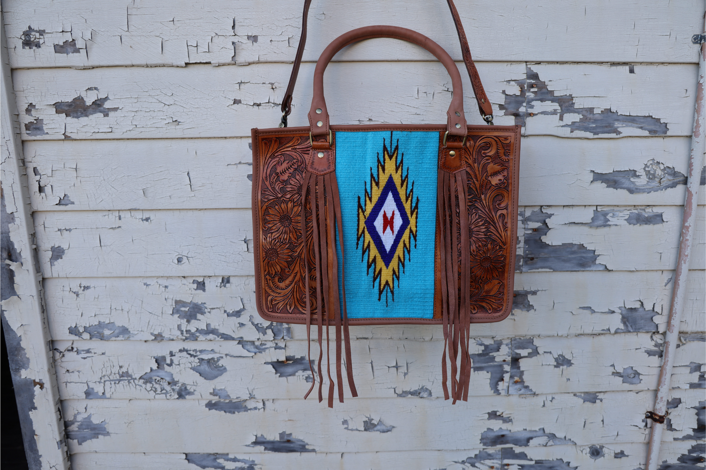 Annie Hand-Tooled Leather & Turquoise Southwest Tote Bag